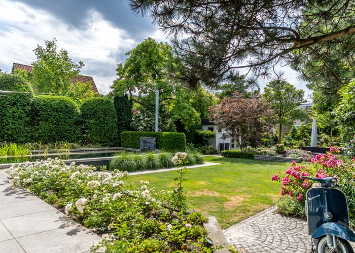 Naturpool, Rasenfläche und Beete